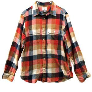 Old Navy Flannel Shirt Mens L Regular Fit Orange Plaid Long Sleeve Fall